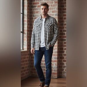 Scotch and Soda plaid button down shirt L Snap Button Cotton Linen‎